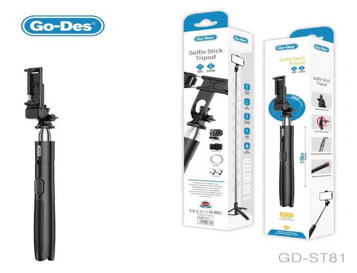 پایه سلفی و سه‌پایه Go-Des مدل GD-ST81 با ریموت بلوتوثی – سبک، تاشو و قابل تنظیم برای موبایل و دوربین
