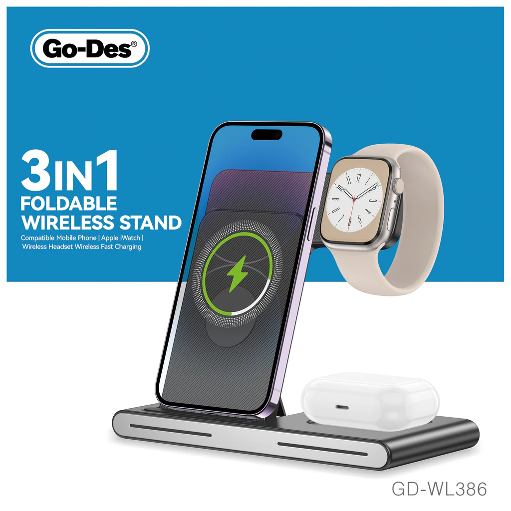 خرید شارژر بی‌سیم 3 در 1 Go-Des GD-WL386S استند شارژ 15 وات موبایل، ساعت و هندزفری Market7
