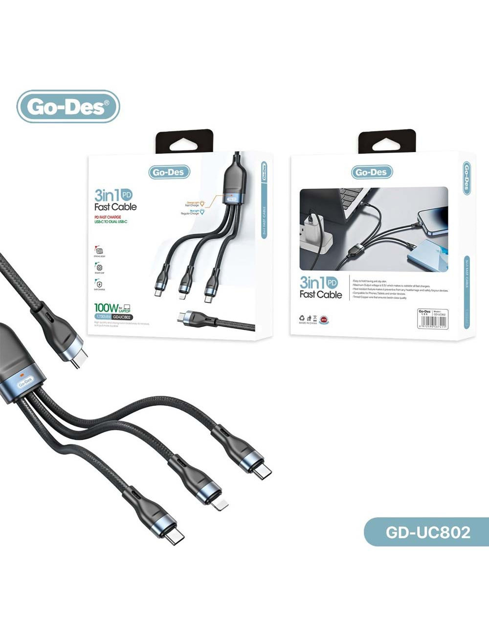 خرید کابل 3 در 1 Go-Des GD-UC802 کابل شارژ سریع PD تایپ سی برای موبایل، تبلت و لپ‌تاپ Market7