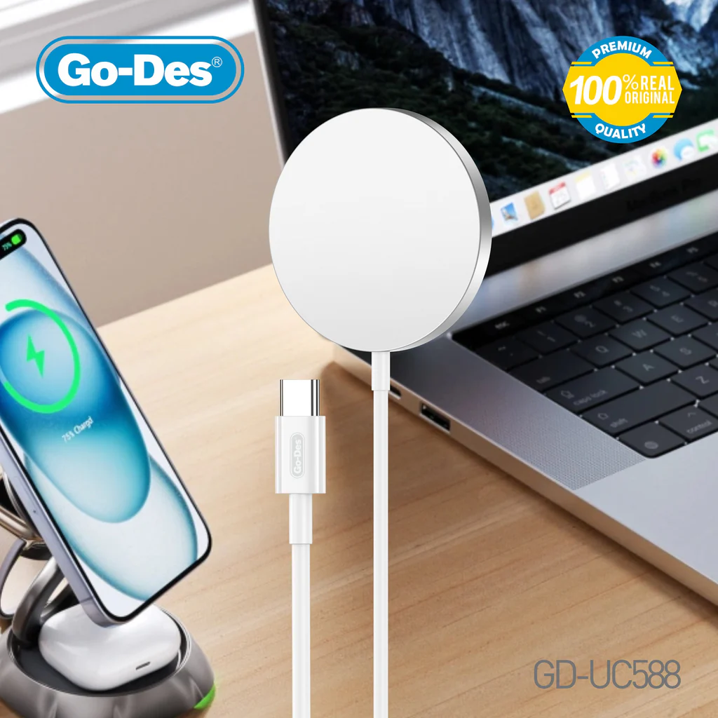 شارژر بی‌سیم مغناطیسی Go-Des GD-UC588 با توان 15 وات، سازگار با MagSafe، طراحی کیس فرندلی، کابل 1 متری و محافظت هوشمند برای شارژ ایمن.