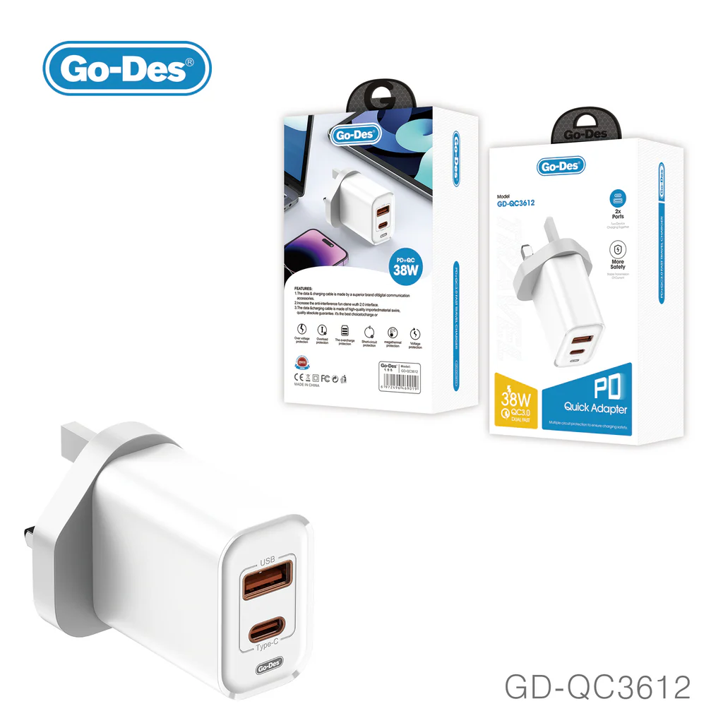 شارژر دیواری Go-Des GD-QC3612 با توان 38 وات