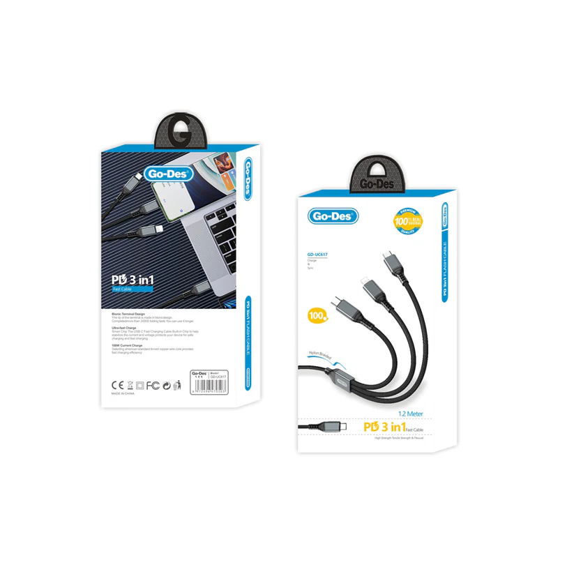 کابل Go-Des GD-UC617 با سه خروجی Lightning و Type-C، پشتیبانی از شارژ فوق سریع 100 وات PD، روکش بافته شده مقاوم و طول 1.2 متر.