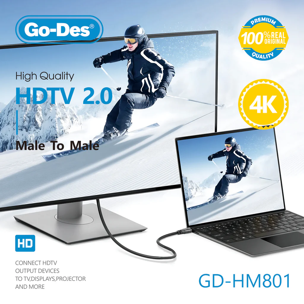 کابل HDMI 2.0 گو دس مدل GD-HM801 با پشتیبانی از کیفیت 4K UHD و انتقال پایدار صدا و تصویر برای تلویزیون، مانیتور، لپ‌تاپ و کنسول بازی