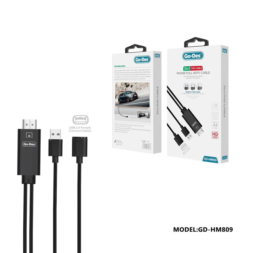 کابل HDMI سه کاره Go Des GD-HM809 با پشتیبانی از Lightning
