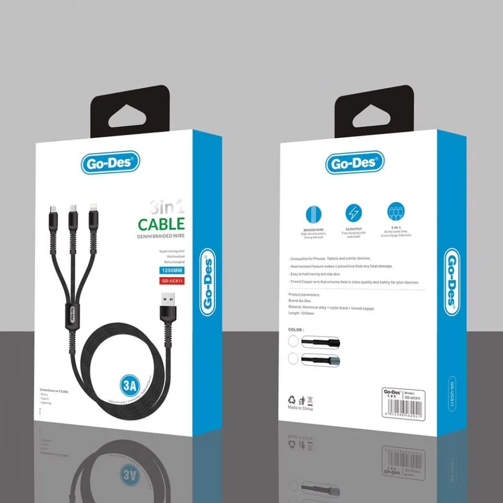 کابل شارژ 3 در 1 Go Des GD-UC511 کابل Type-C، Lightning و Micro USB با شارژ سریع 3 آمپر