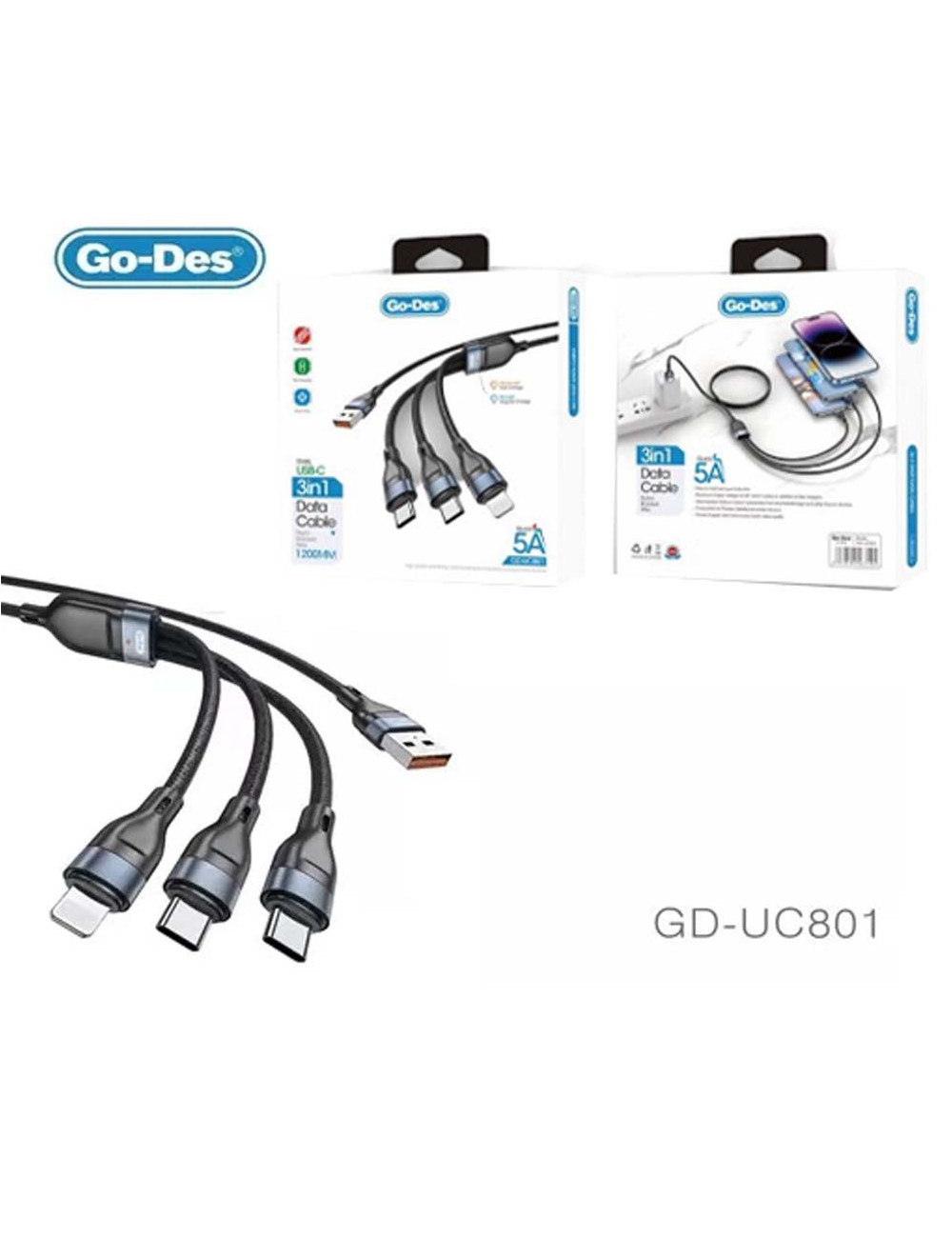 کابل شارژ 3 در 1 Go-Des GD-UC801 کابل چندمنظوره Type-C با شارژ سریع و انتقال داده