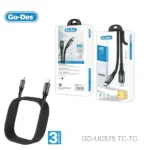 کابل شارژ سریع Go-Des GD-UC575 Type-C به Type-C با توان 60 وات PD، طول 3 متر، روکش نایلونی بافته شده مقاوم و مناسب لپ‌تاپ، تبلت و گوشی‌های USB-C
