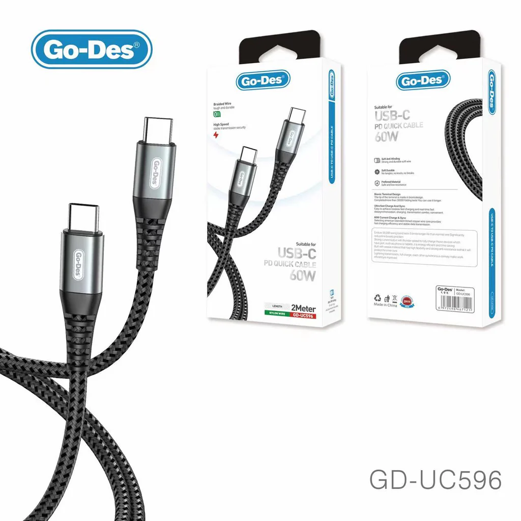 کابل شارژ سریع Go-Des GD-UC596 Type-C به Type-C با توان 60 وات، جریان 5 آمپر،