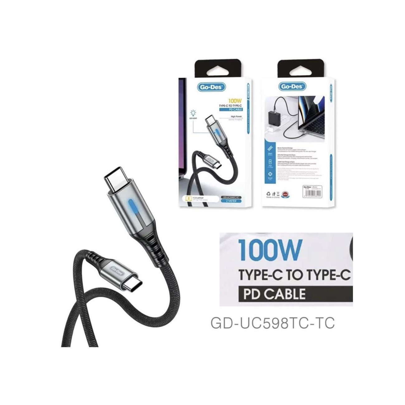 کابل شارژ سریع Go-Des GD-UC598 Type-C به Type-C با توان 100 وات PD، طول 2 متر، نمایشگر LED، روکش بافته شده مقاوم و مناسب مک بوک، لپ‌تاپ، تبلت و گوشی‌های USB-C