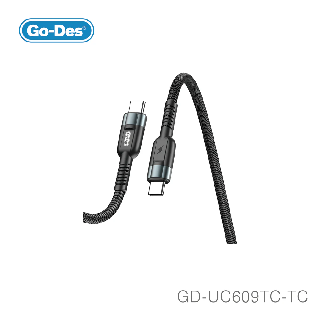 کابل شارژ سریع Go-Des GD-UC609 TC-TC Type-C به Type-C با توان 60 وات PD، روکش نایلونی بافته شده، قابلیت انتقال اطلاعات و مناسب لپ‌تاپ، تبلت و گوشی‌های USB-C
