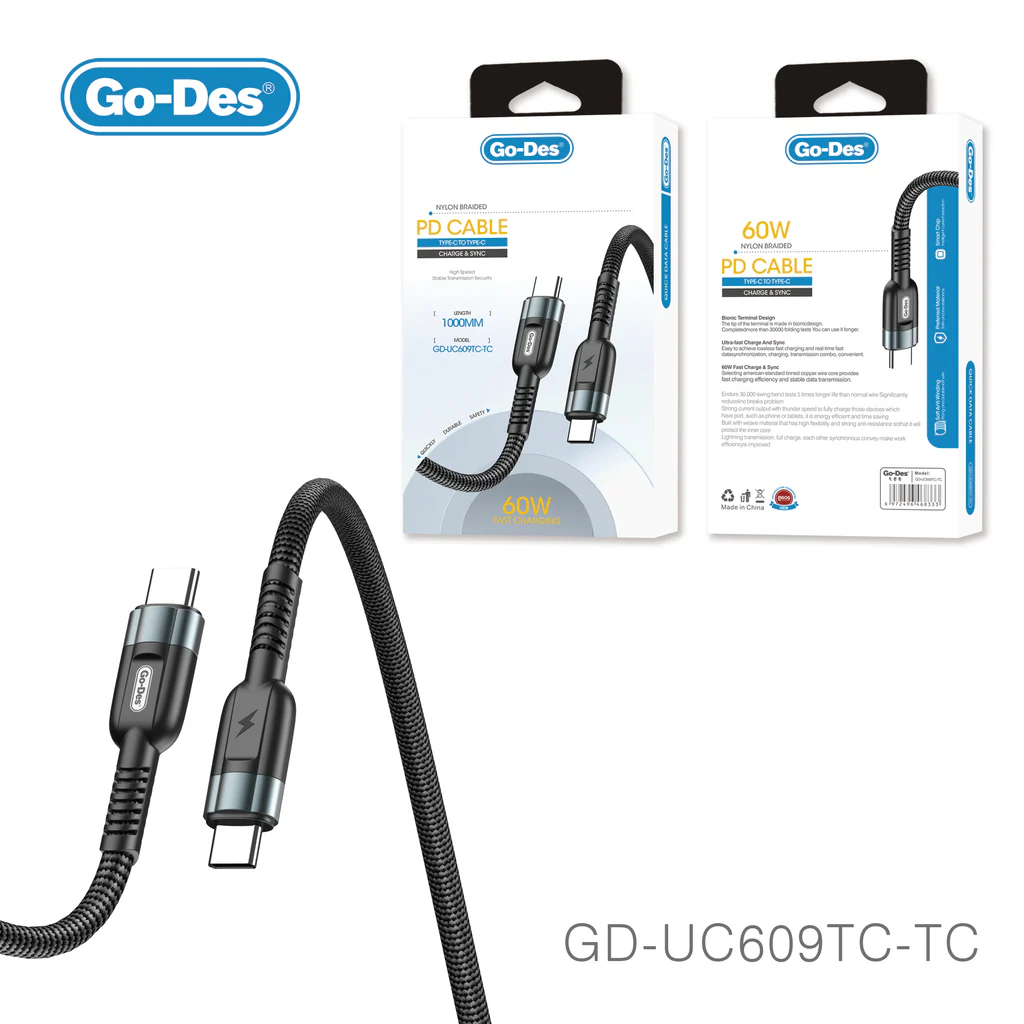 کابل شارژ سریع Go-Des GD-UC609 TC-TC Type-C به Type-C با توان 60 وات PD، روکش نایلونی بافته شده، قابلیت انتقال اطلاعات و مناسب لپ‌تاپ، تبلت و گوشی‌های USB-C