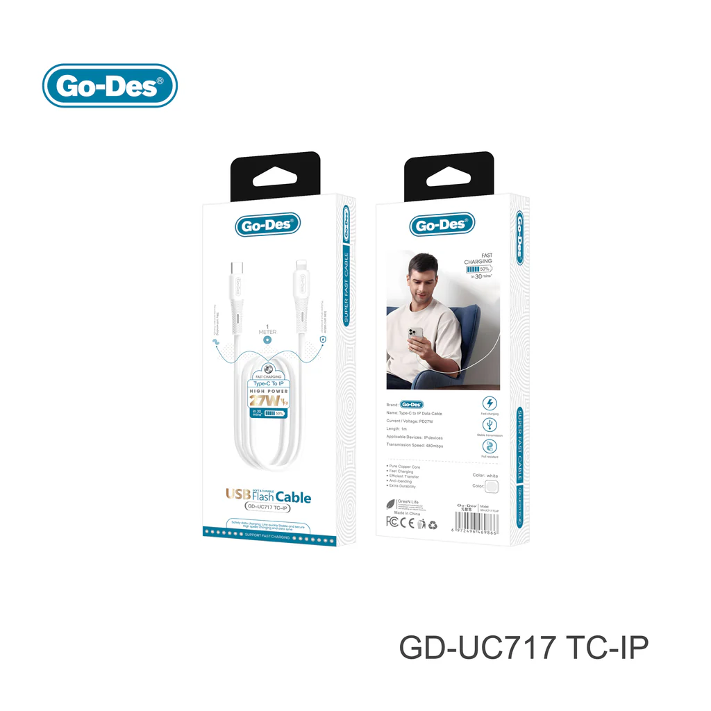 کابل شارژ سریع Go-Des GD-UC717 TC-IP Type-C به Lightning با پشتیبانی از فناوری PD 27W، انتقال داده 480Mbps، روکش TPE مقاوم و طول 1 متر مناسب آیفون و آیپد