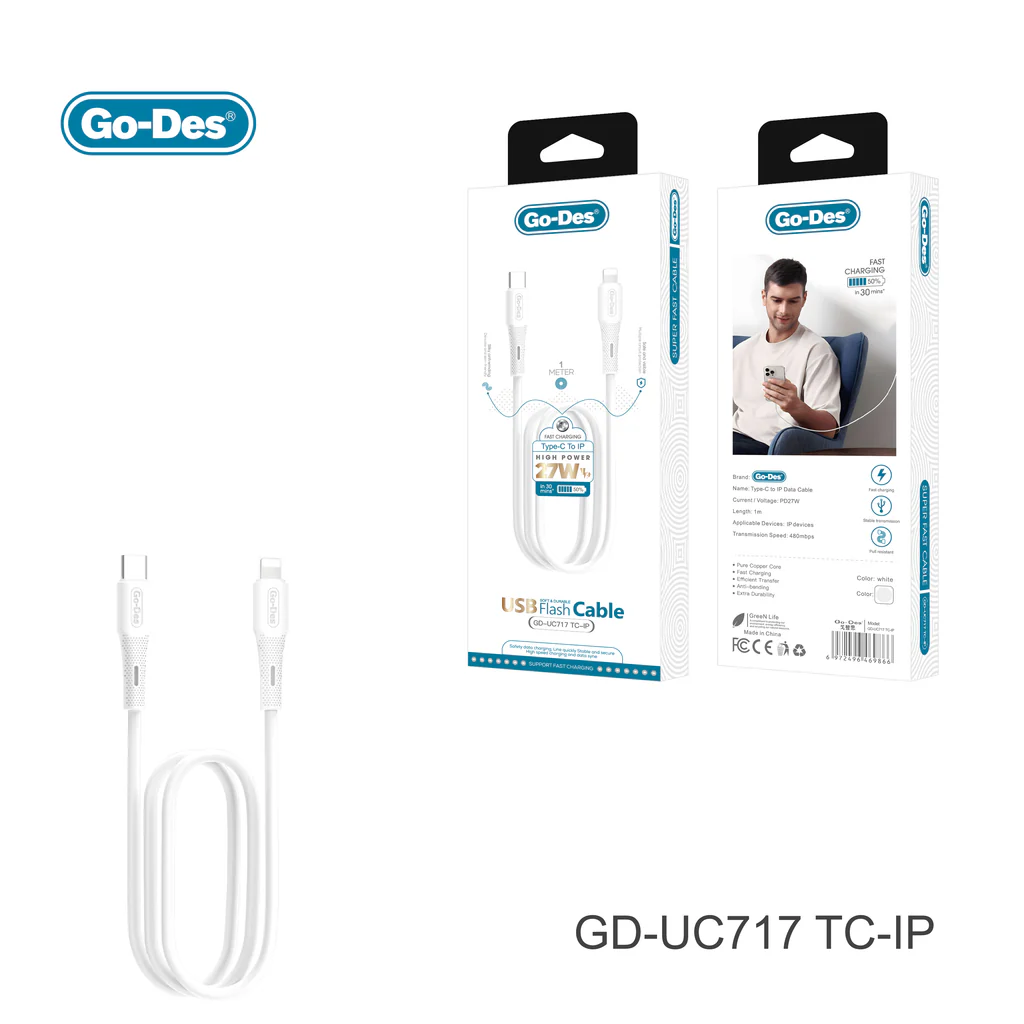 کابل شارژ سریع Go-Des GD-UC717 TC-IP Type-C به Lightning با پشتیبانی از فناوری PD 27W، انتقال داده 480Mbps، روکش TPE مقاوم و طول 1 متر مناسب آیفون و آیپد