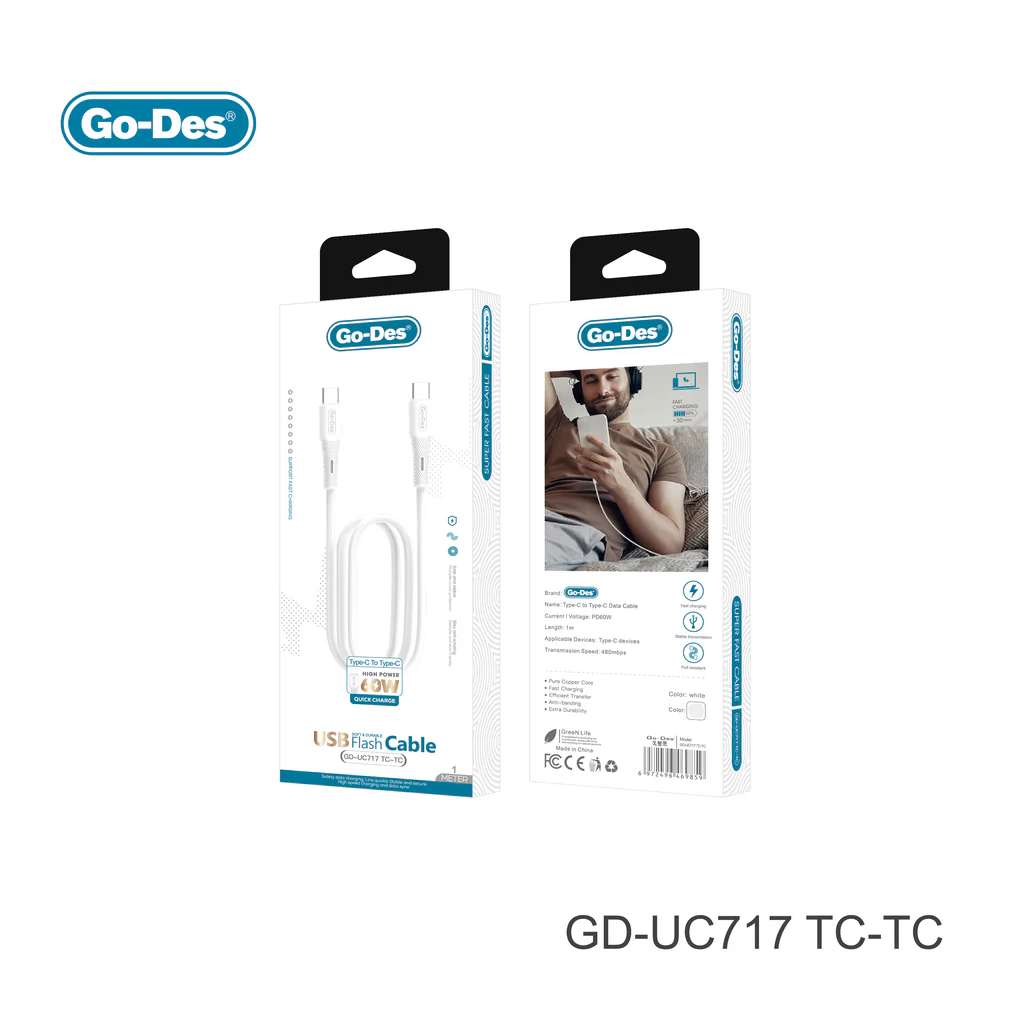 کابل شارژ سریع Go-Des GD-UC717 Type-C به Type-C با پشتیبانی از فناوری PD 60W، انتقال داده 480Mbps، روکش TPE مقاوم و طول 1 متر مناسب موبایل، تبلت و لپ‌تاپ