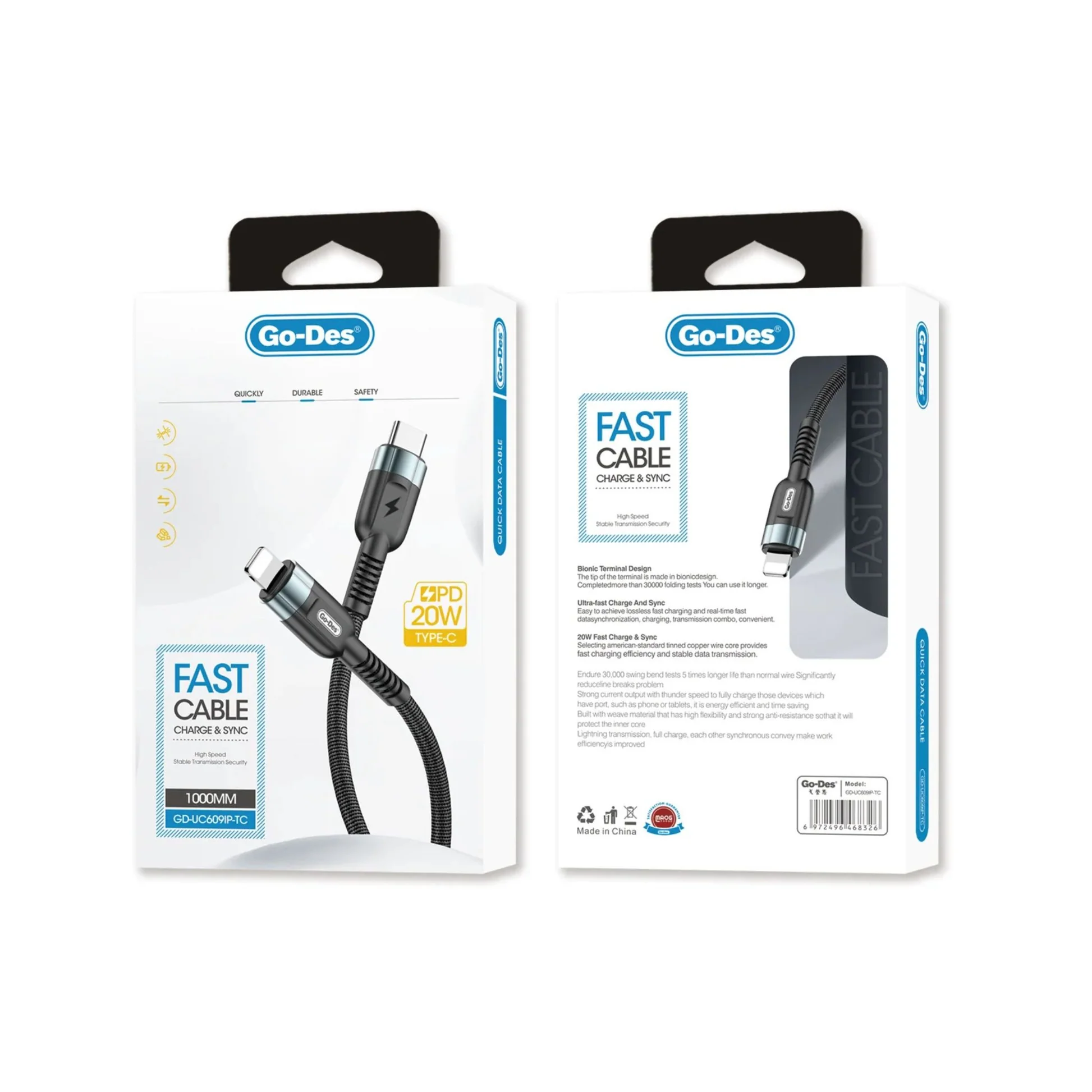 کابل شارژ سریع Type-C به Lightning Go-Des GD-UC609 TC-IP کابل PD 20W یک متری با انتقال دیتا