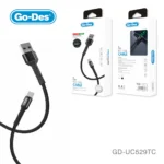 کابل شارژ و انتقال اطلاعات Go-Des GD-UC529TC با رابط USB به Type-C، طول 2 متر، پشتیبانی از شارژ سریع 3 آمپر، روکش نایلونی مقاوم، کانکتور فلزی بادوام و قابلیت انتقال داده برای انواع گوشی‌ها، تبلت‌ها و دستگاه‌های مجهز به USB-C