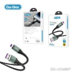 کابل شارژ و انتقال اطلاعات Go-Des GD-UC538IP با رابط USB به Lightning، پشتیبانی از شارژ سریع 3 آمپر، روکش نایلونی بافته شده مقاوم، انتقال اطلاعات پرسرعت و طول 1.2 متر، مناسب انواع آیفون و آیپد.