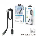 کابل شارژ و انتقال اطلاعات Go-Des GD-UC573TC-IP با رابط Type-C به Lightning، پشتیبانی از فناوری PD و توان 45 وات، روکش نایلونی مقاوم، کانکتورهای فلزی بادوام و مناسب برای شارژ سریع آیفون، آیپد و سایر دستگاه‌های اپل.
