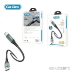 کابل شارژ و انتقال داده Go-Des GD-UC538TC با رابط USB به Type-C، پشتیبانی از شارژ سریع 5 آمپر، روکش نایلونی بافته شده مقاوم، انتقال اطلاعات پرسرعت و طول 1.2 متر، مناسب انواع گوشی‌ها و دستگاه‌های USB-C.