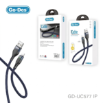 کابل شارژ و انتقال داده Go-Des GD-UC577IP با رابط USB به Lightning، پشتیبانی از شارژ سریع 3 آمپر، روکش بافته شده مقاوم، انتقال اطلاعات پایدار و سازگاری کامل با انواع آیفون، آیپد و لوازم جانبی اپل.